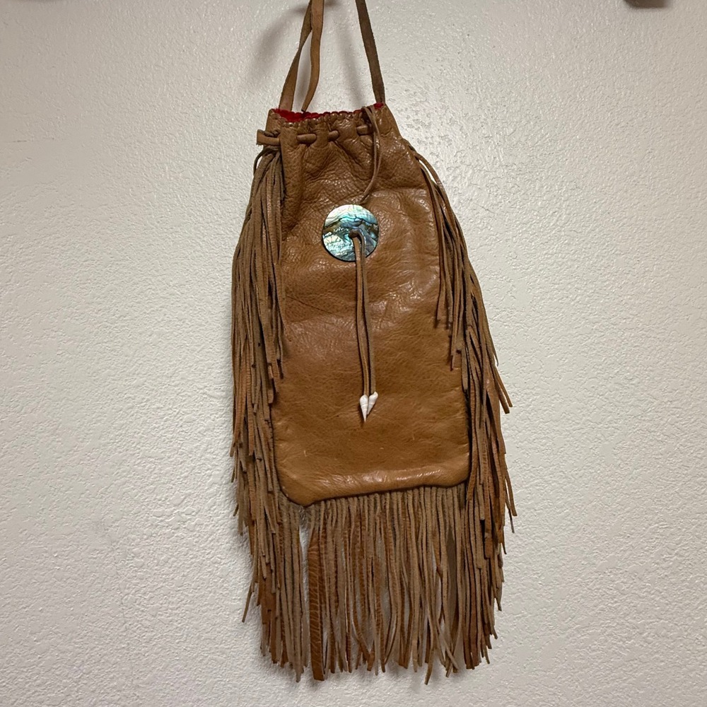 Leather Fringe Festival Bohemian Hippie Shell Accents Medicine Bag Pouch Handbag - Picture 2 of 11